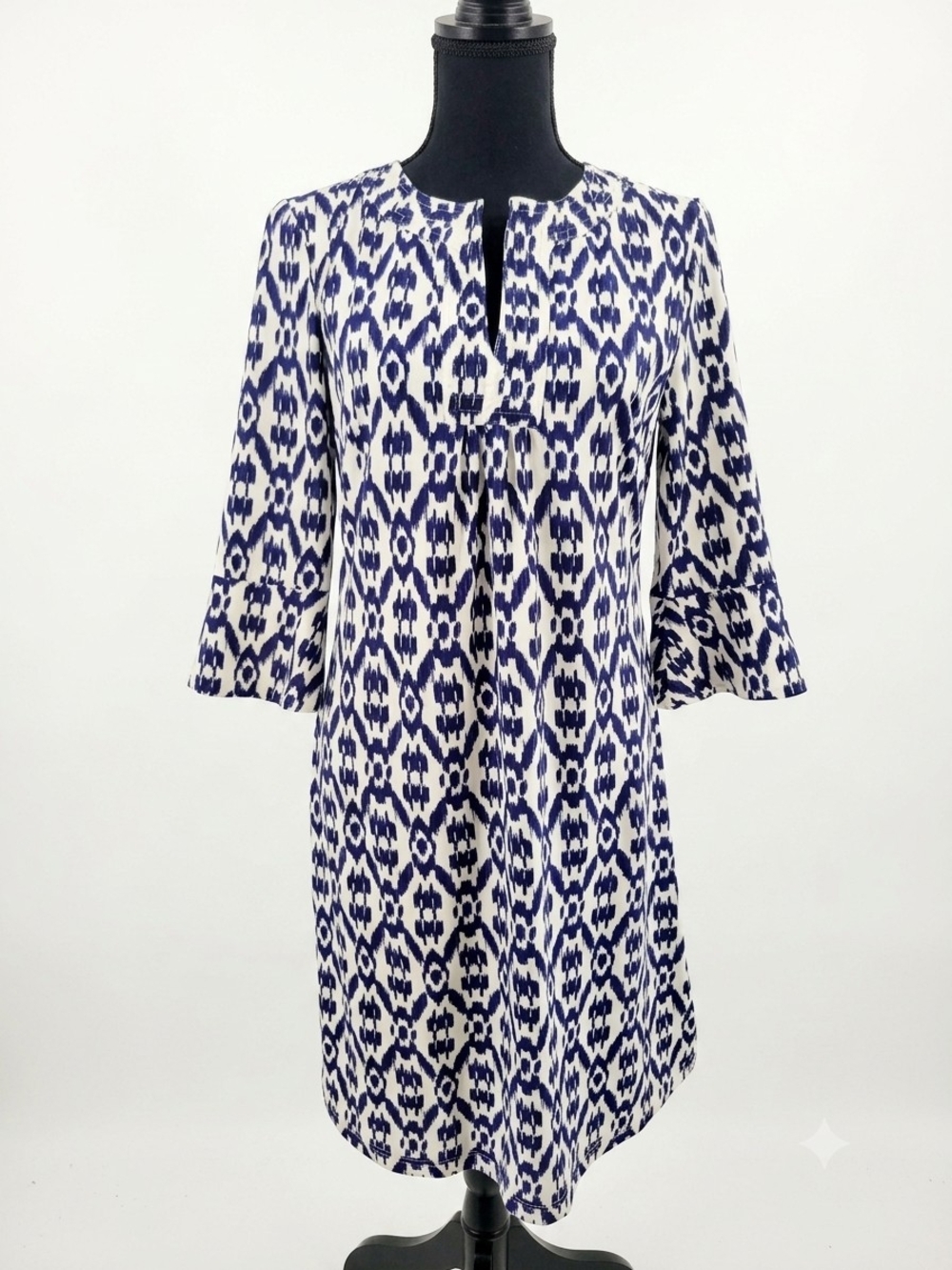 Navy and White Ikat-Print Midi Dress